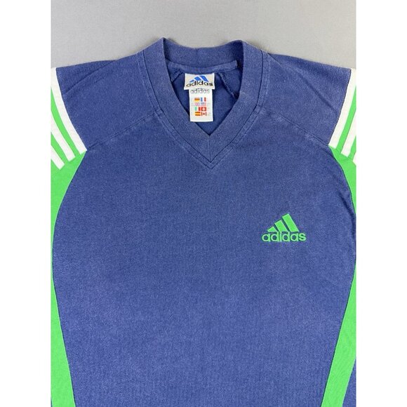 Vintage 90s Adidas Soccer Football V Neck Shirt Sports Hype Rare Medium Blue - Picture 3 of 8